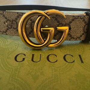 Authentic Gucci Brown Monogram Belt with Gold GG Buckle